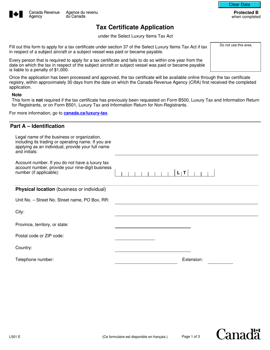 Form L501 Tax Certificate Application - Canada, Page 1