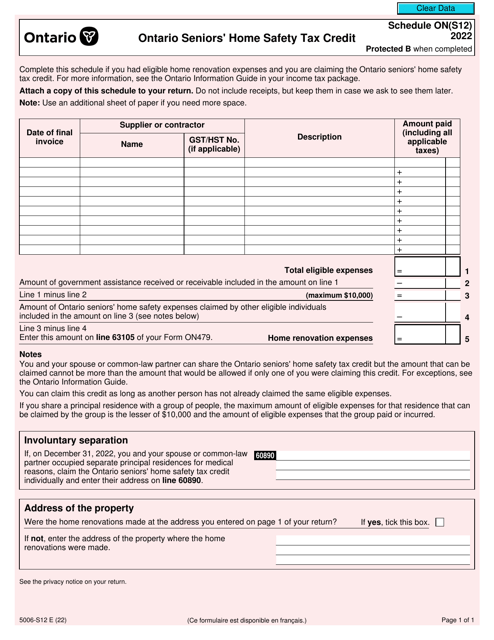 Form 5006-S12 Schedule ON(S12) Ontario Seniors' Home Safety Tax Credit - Canada, 2022