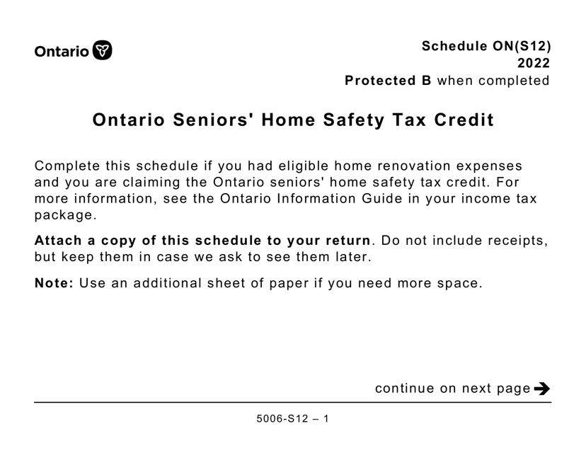 Form 5006-S12 Schedule ON(S12) Ontario Seniors' Home Safety Tax Credit (Large Print) - Canada, 2022