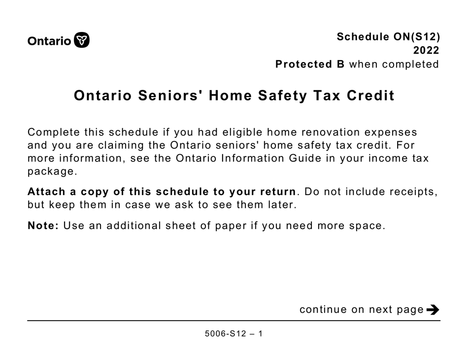 Form 5006-S12 Schedule ON(S12) Ontario Seniors Home Safety Tax Credit (Large Print) - Canada, Page 1
