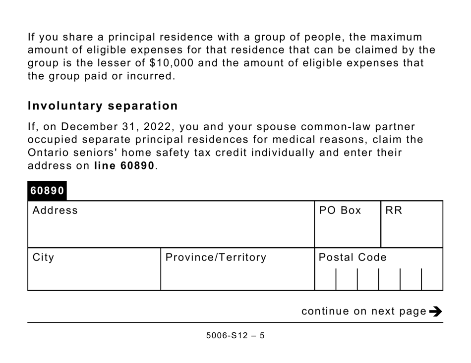 Form 5006-S12 Schedule ON(S12) Ontario Seniors Home Safety Tax Credit (Large Print) - Canada, Page 5