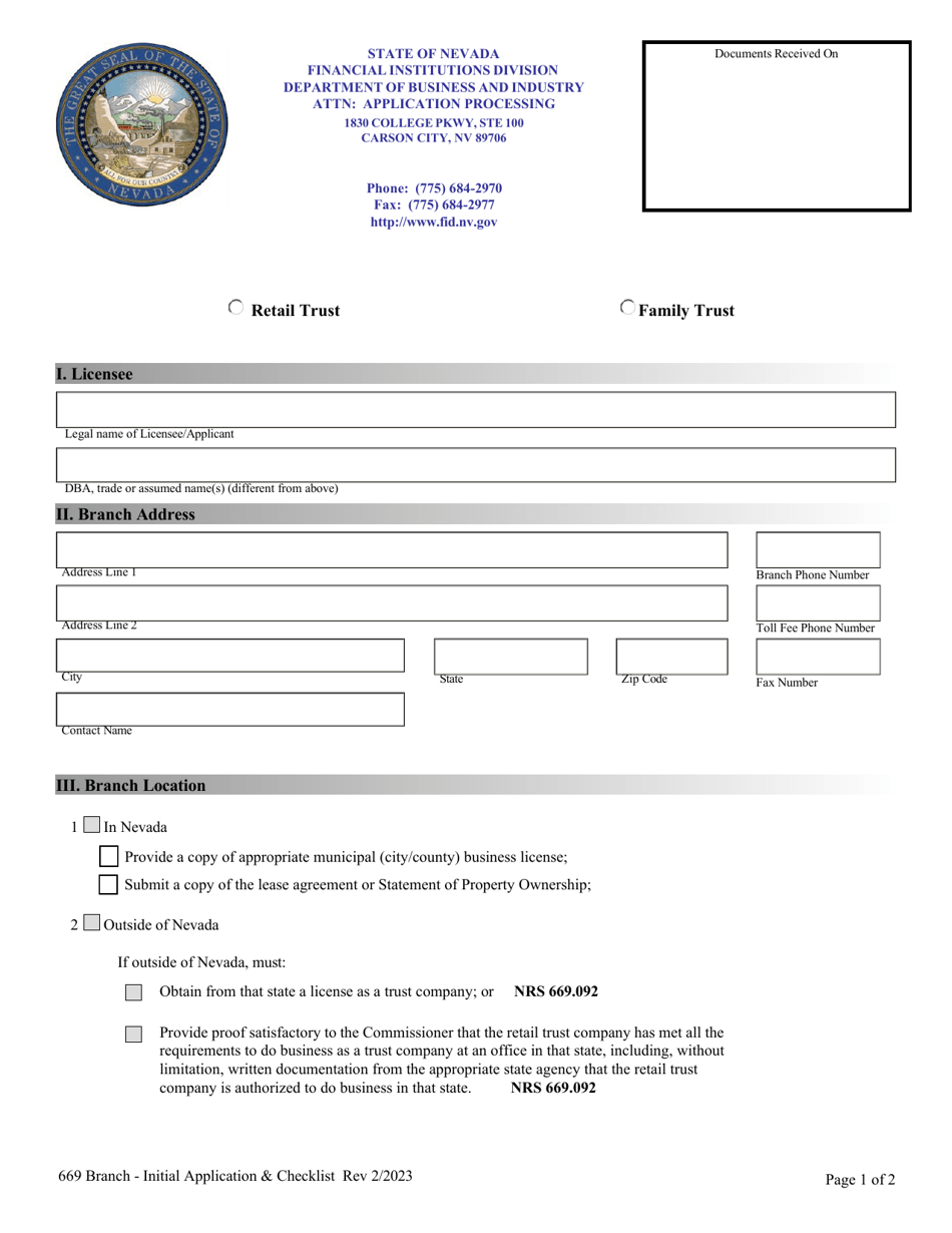 Initial Branch Application - Nevada, Page 1
