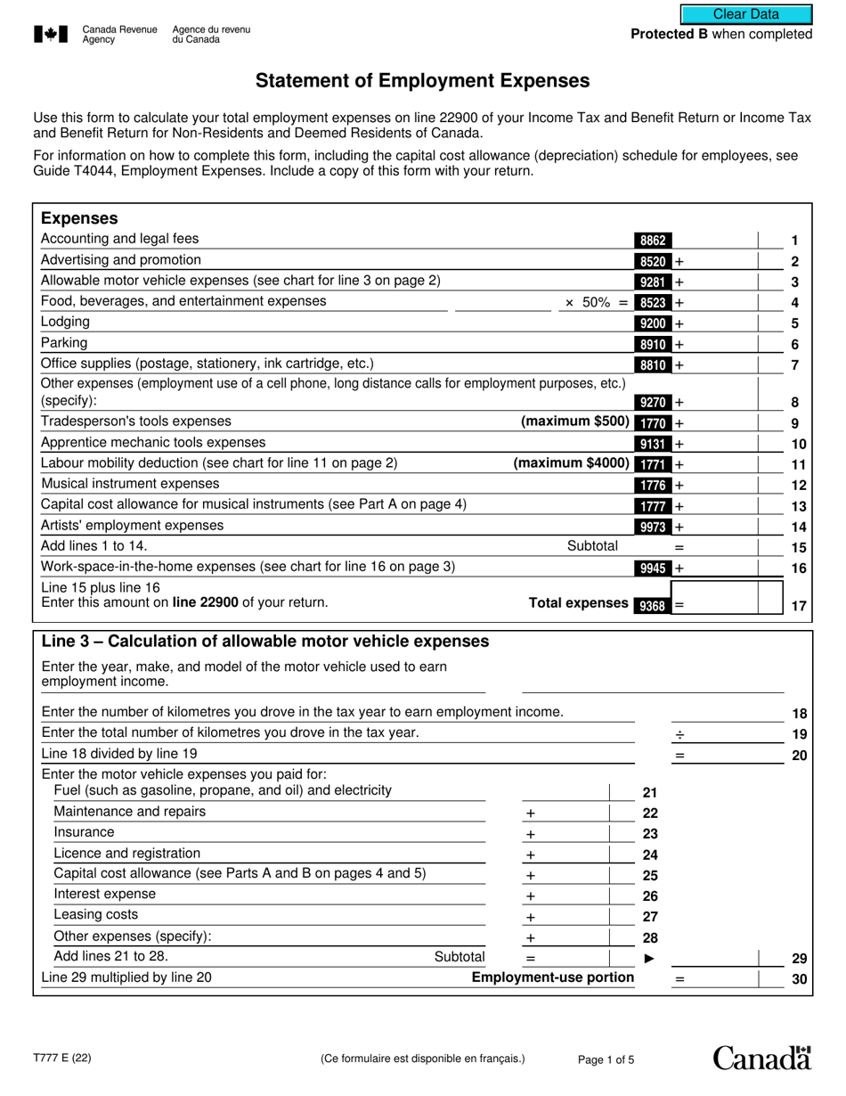 Form T777 Statement of Employment Expenses - Canada, Page 1