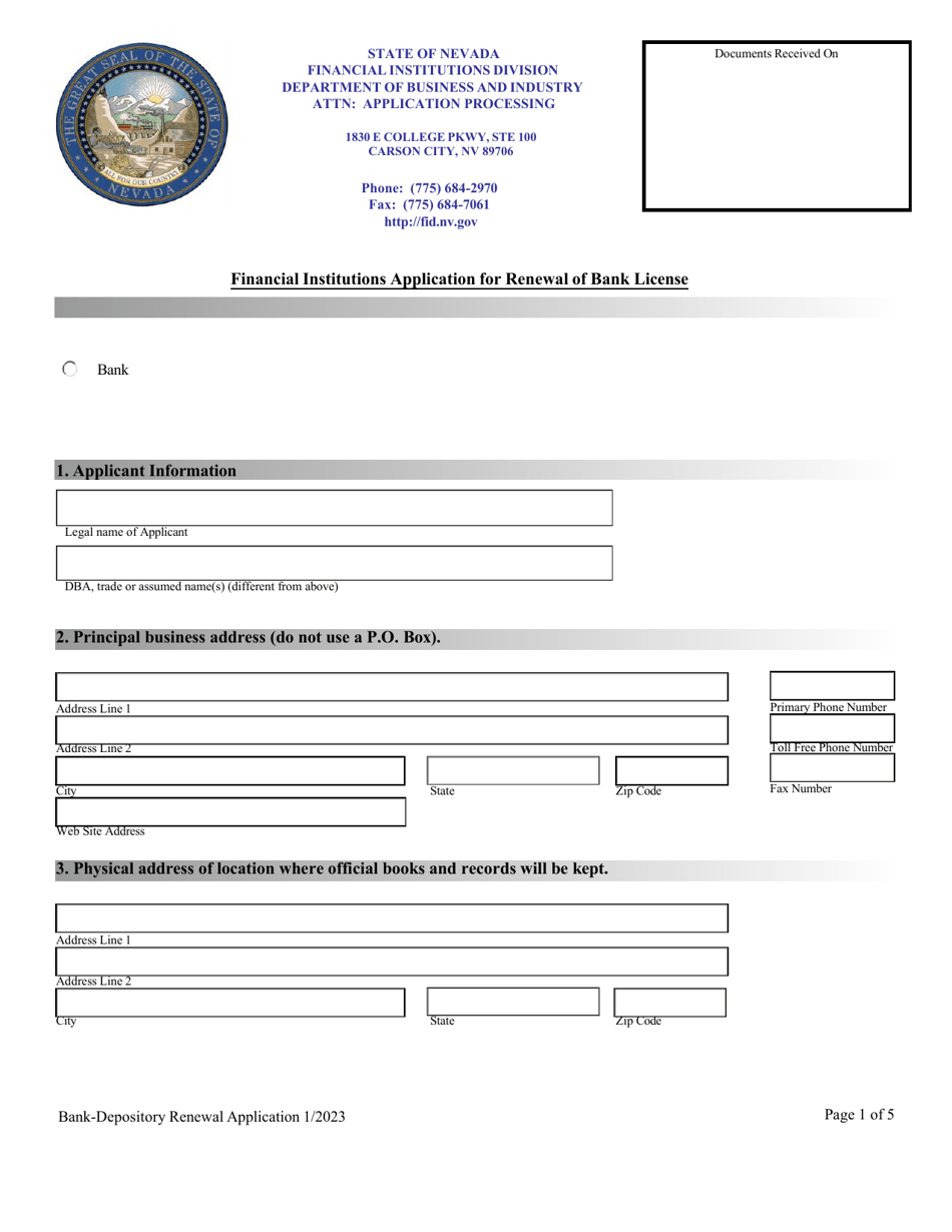 Financial Institutions Application for Renewal of Bank License - Nevada, Page 1