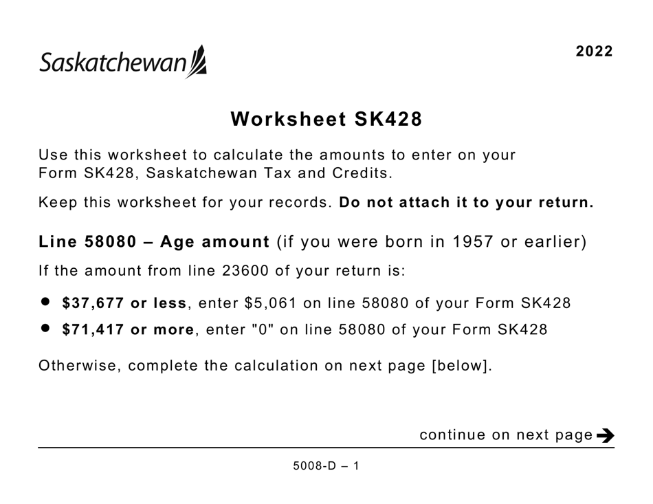 Form 5008-D Worksheet SK428 Saskatchewan (Large Print) - Canada, Page 1