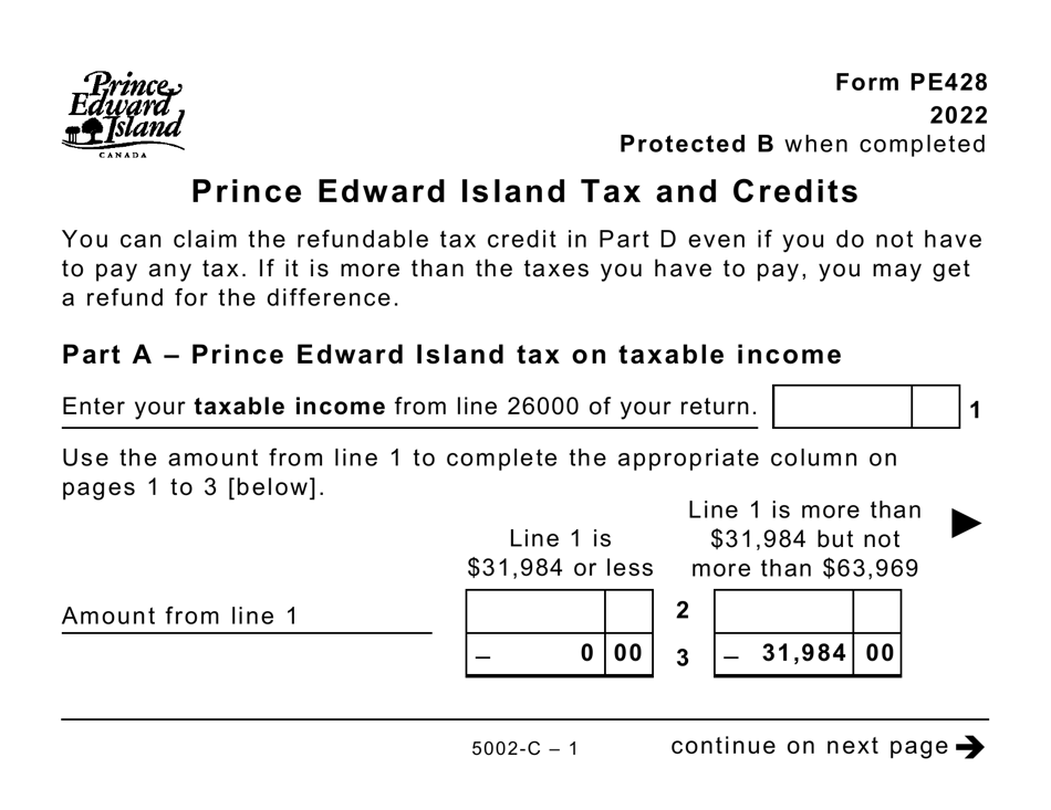 Form 5002-C (PE428) Prince Edward Island Tax and Credits (Large Print) - Canada, Page 1