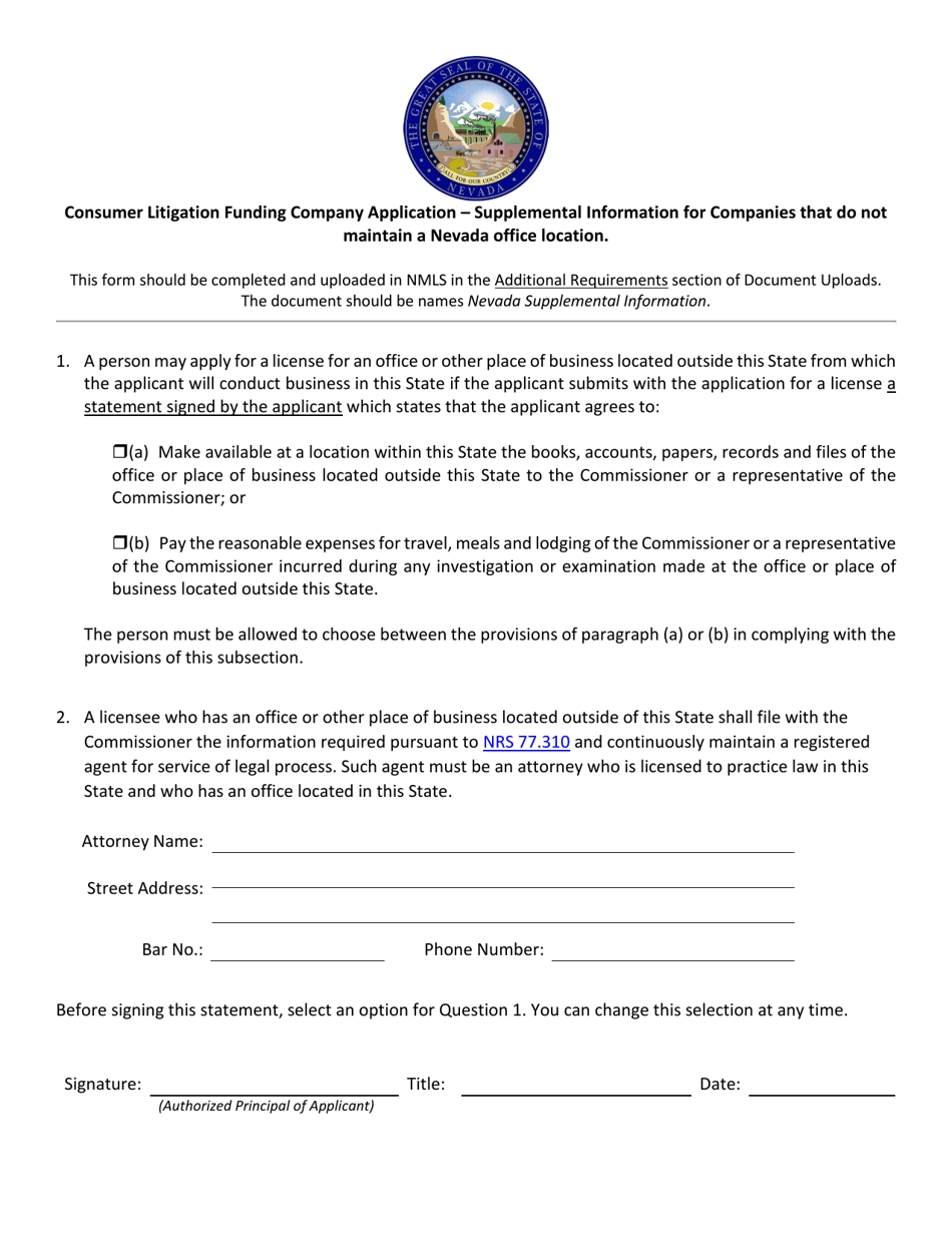 Consumer Litigation Funding Company Application - 604c Supplemental Form - Nevada, Page 1