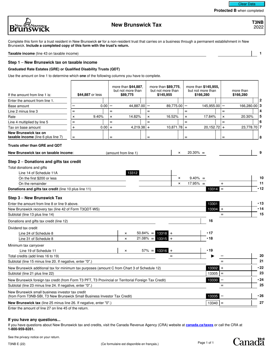 Form T3NB New Brunswick Tax - Canada, Page 1