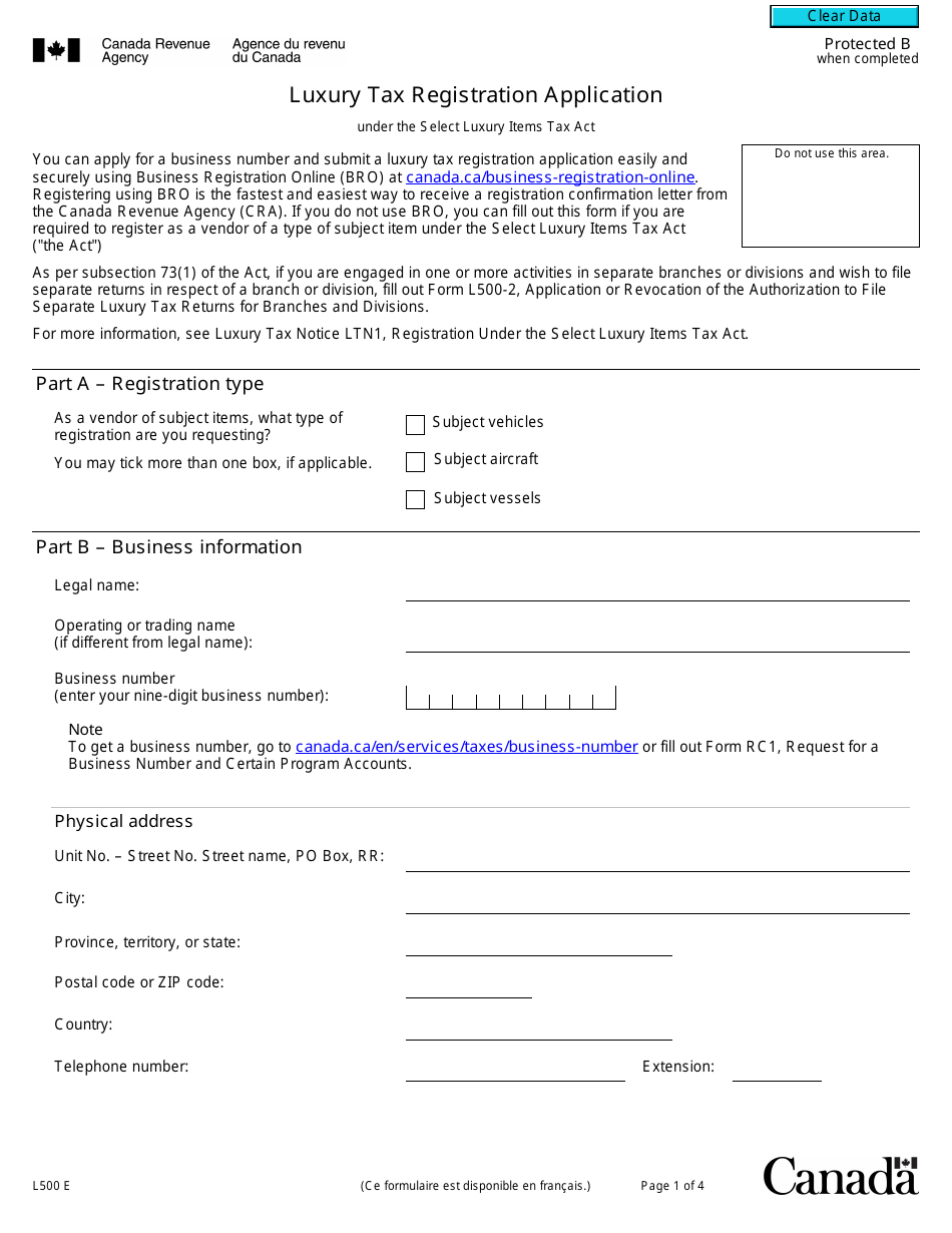 Form L500 Luxury Tax Registration Application - Canada, Page 1