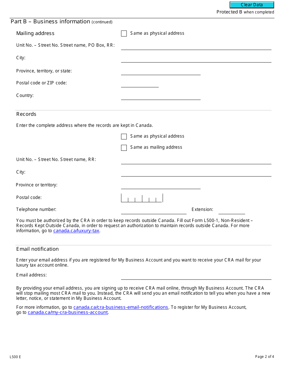 Form L500 Luxury Tax Registration Application - Canada, Page 2