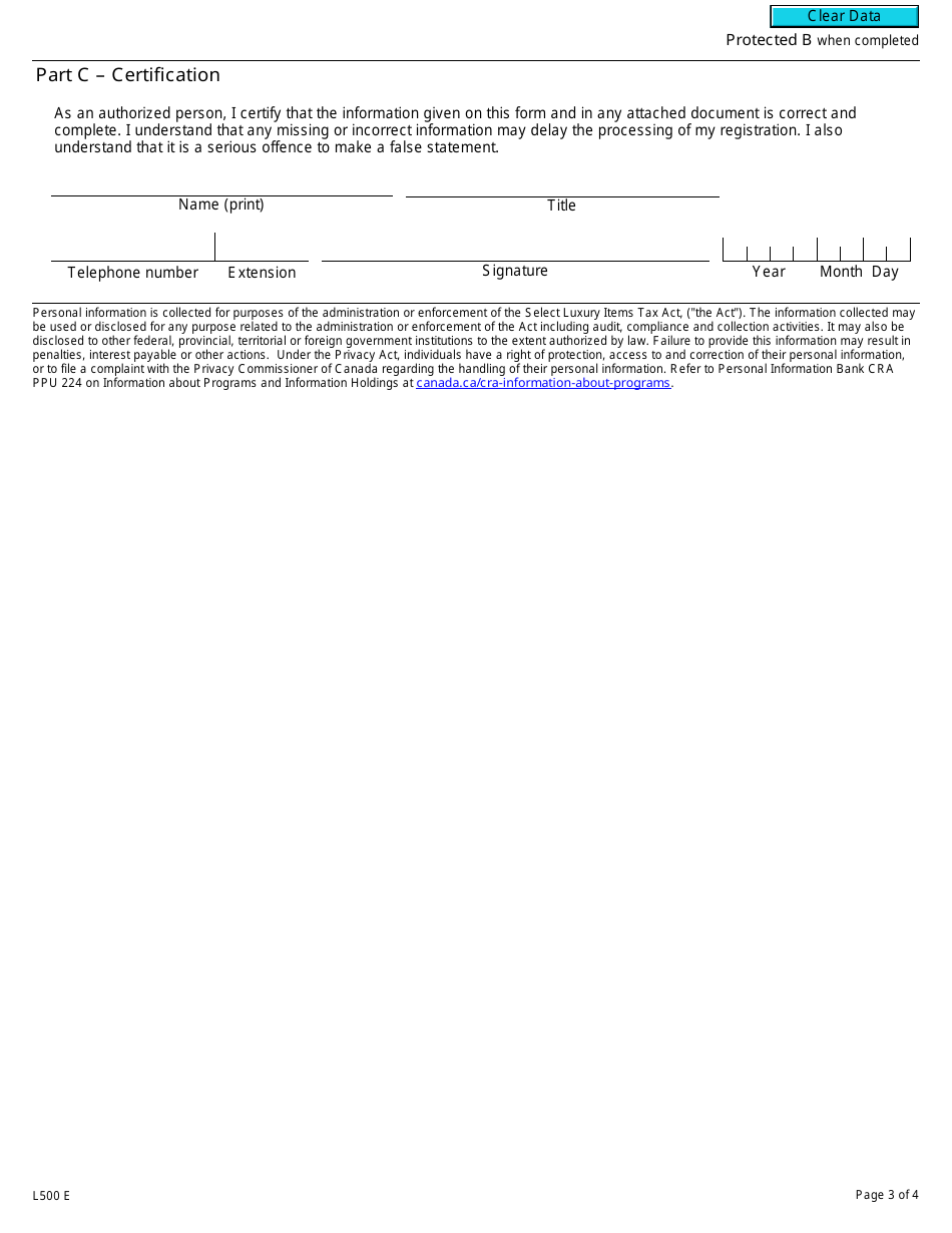 Form L500 Luxury Tax Registration Application - Canada, Page 3