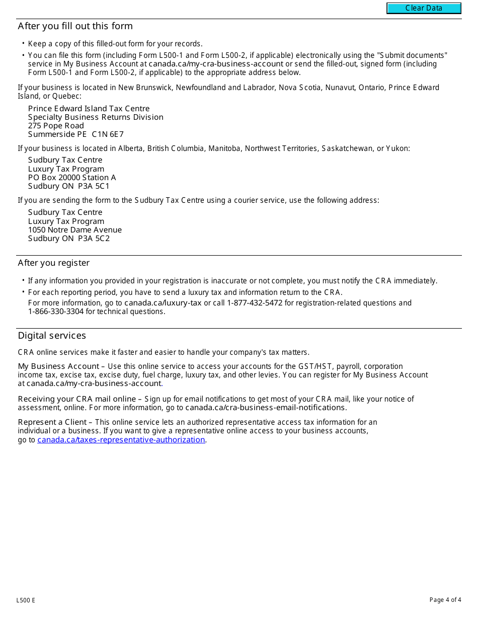 Form L500 Luxury Tax Registration Application - Canada, Page 4