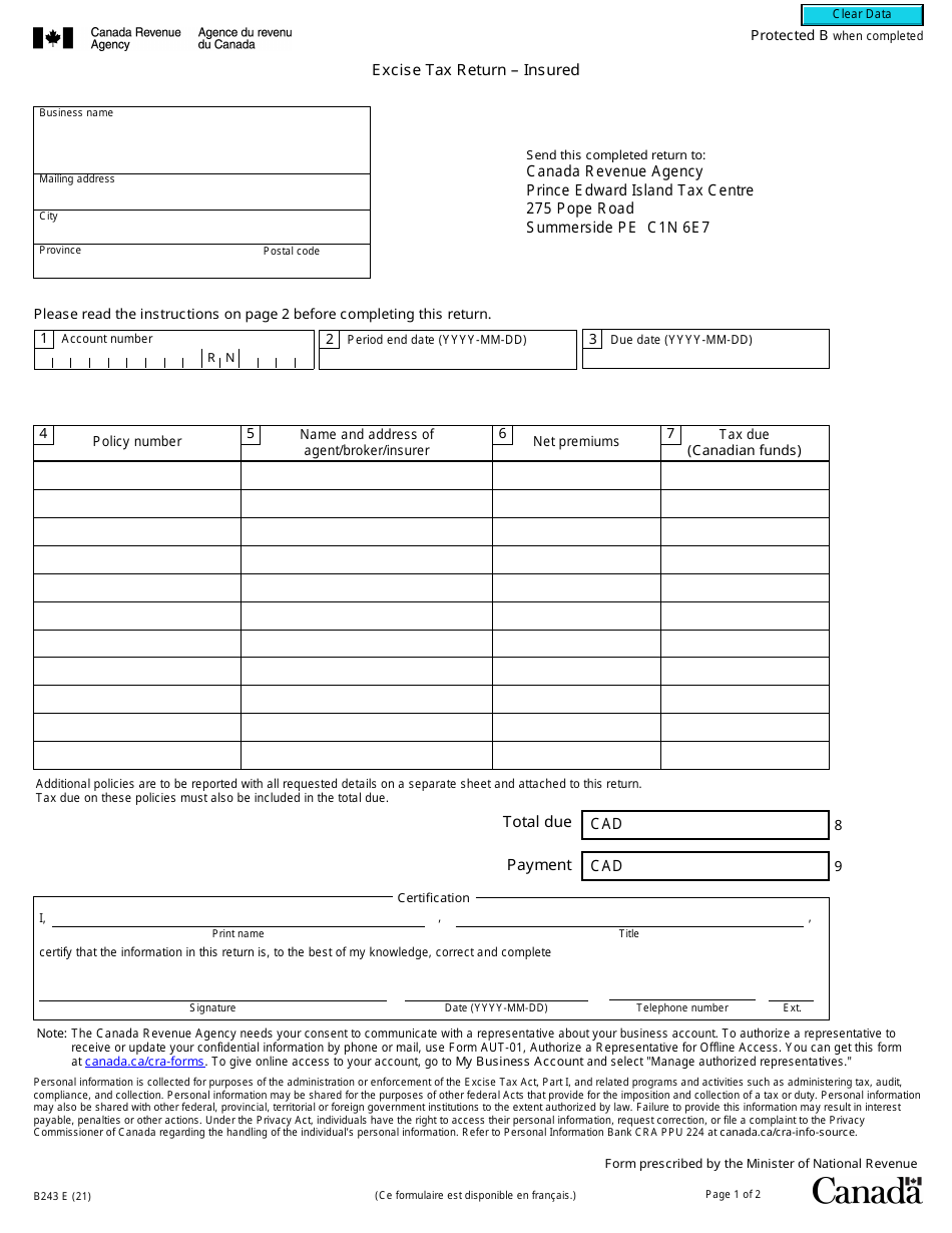 Form B243 Excise Tax Return - Insured - Canada, Page 1