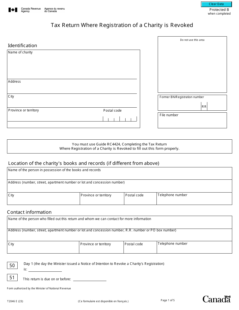 Form T2046 Tax Return Where Registration of a Charity Is Revoked - Canada, Page 1