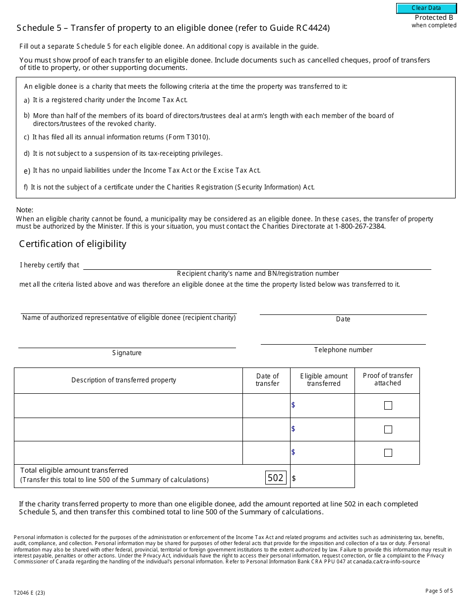 Form T2046 Tax Return Where Registration of a Charity Is Revoked - Canada, Page 5