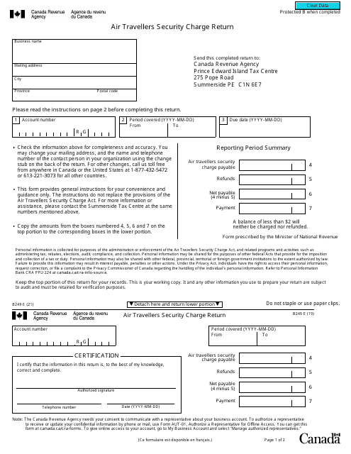 Form B249 Air Travellers Security Charge Return - Canada