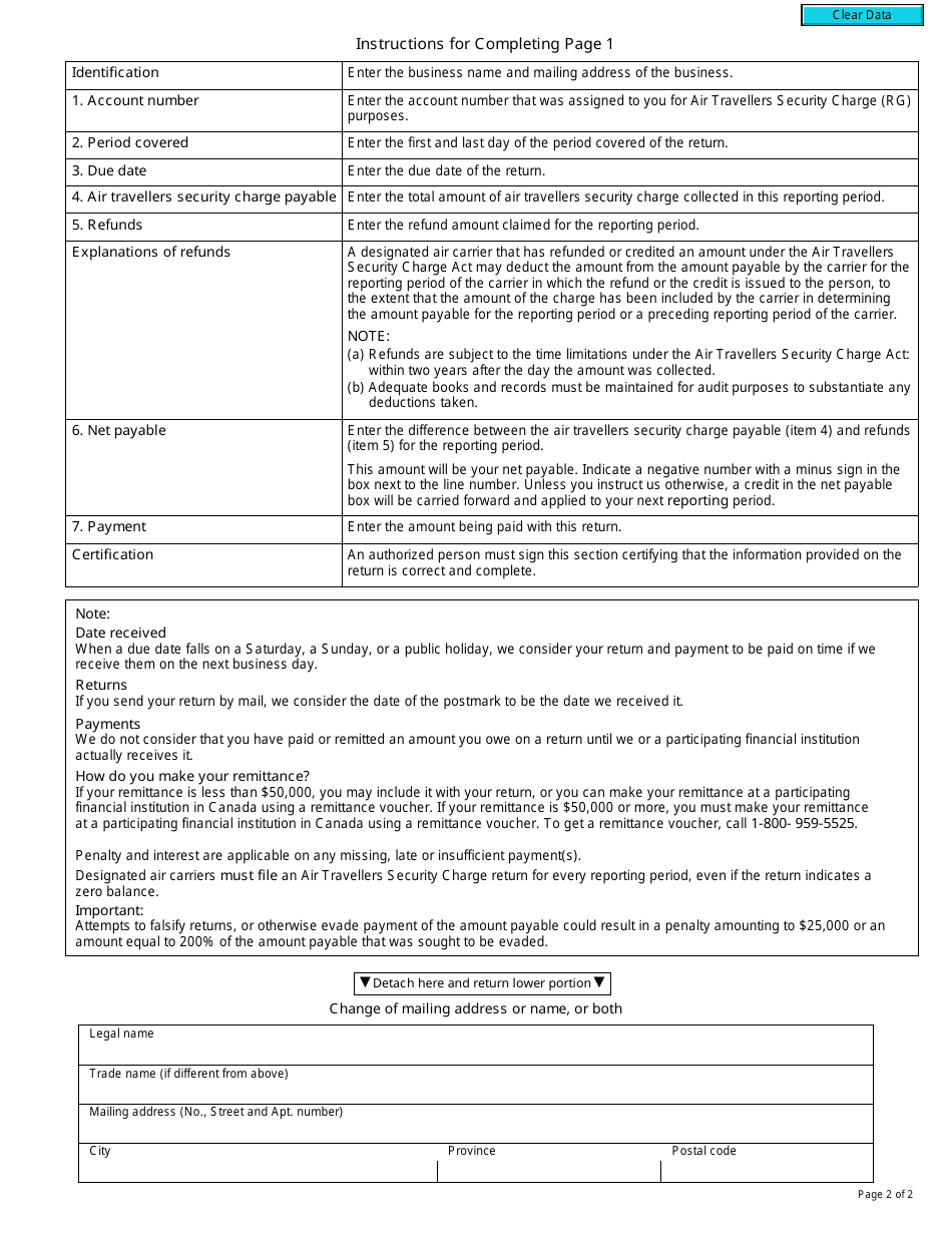 Form B249 Download Fillable Pdf Or Fill Online Air Travellers Security Charge Return Canada 5756