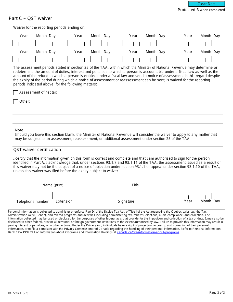 Form RC7245 Waiver of the Limitation Period for Assessment of Certain Selected Listed Financial Institutions (Subsection 298(7) of the Excise Tax Act and Paragraph 25.1(B) of the Tax Administration Act) - Canada, Page 3