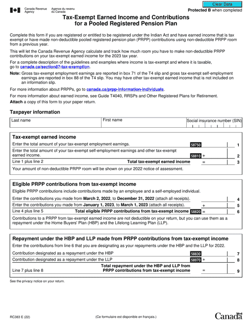 Form RC383 Tax-Exempt Earned Income and Contributions for a Pooled Registered Pension Plan - Canada, 2023