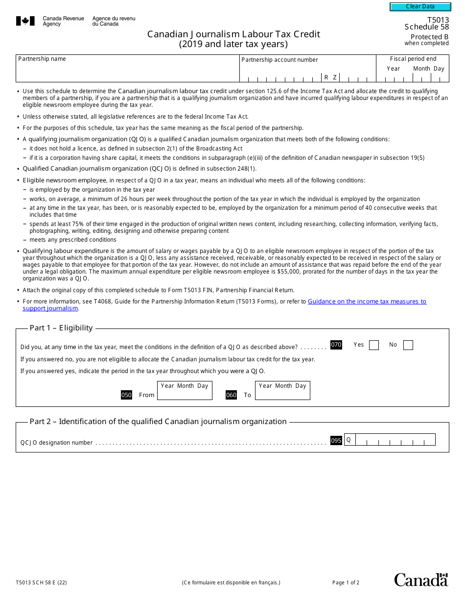 Form T5013 Schedule 58 Canadian Journalism Labour Tax Credit (2019 and Later Tax Years) - Canada, Page 1