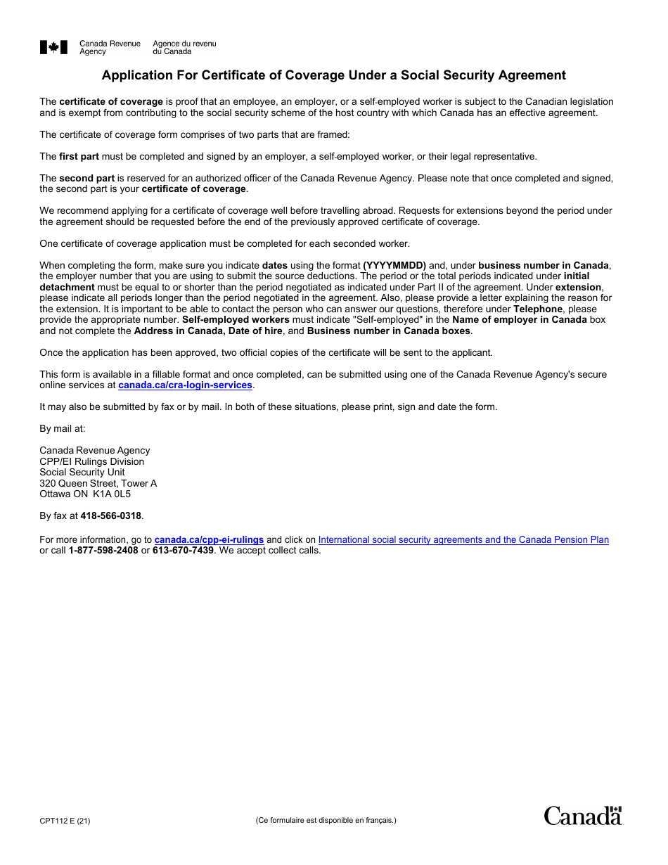 Form CPT112 Certificate of Coverage Under the Canada Pension Plan Pursuant to Articles 6 to 9 of the Agreement on Social Security Between Canada and the Republic of Austria - Canada, Page 1