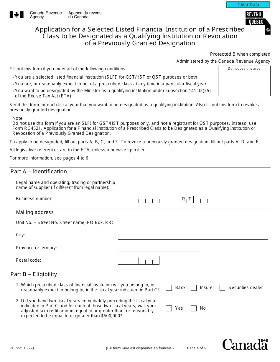 Form RC7221 Application for a Selected Listed Financial Institution of a Prescribed Class to Be Designated as a Qualifying Institution or Revocation of a Previously Granted Designation - Canada, Page 1