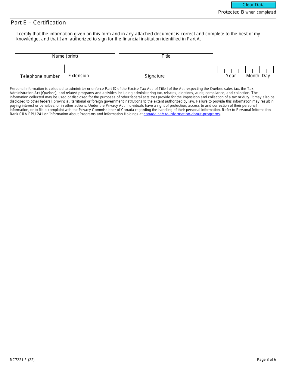 Form RC7221 Application for a Selected Listed Financial Institution of a Prescribed Class to Be Designated as a Qualifying Institution or Revocation of a Previously Granted Designation - Canada, Page 3
