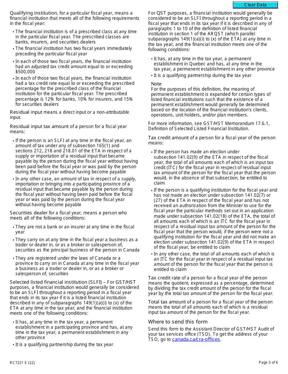 Form RC7221 Application for a Selected Listed Financial Institution of a Prescribed Class to Be Designated as a Qualifying Institution or Revocation of a Previously Granted Designation - Canada, Page 5