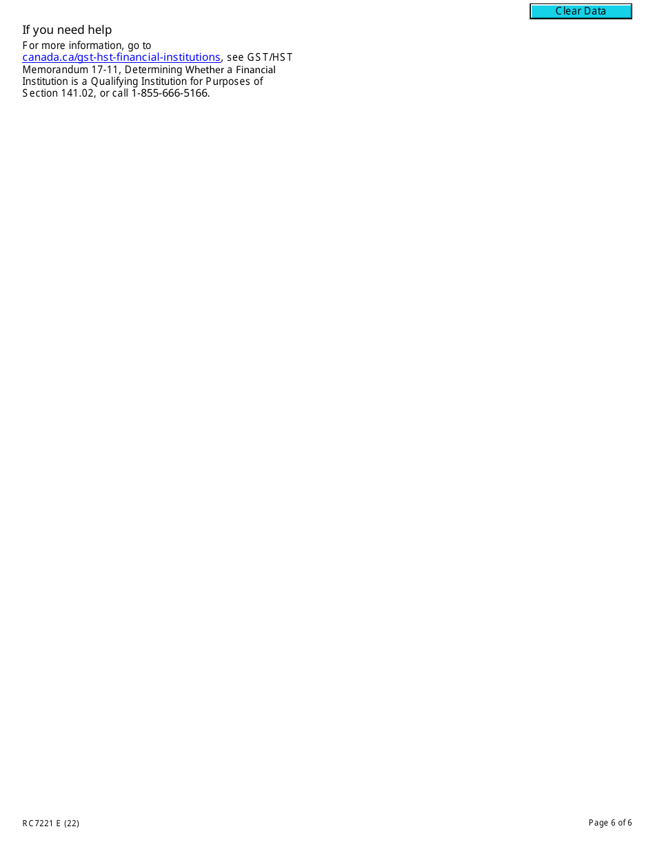 Form RC7221 Application for a Selected Listed Financial Institution of a Prescribed Class to Be Designated as a Qualifying Institution or Revocation of a Previously Granted Designation - Canada, Page 6