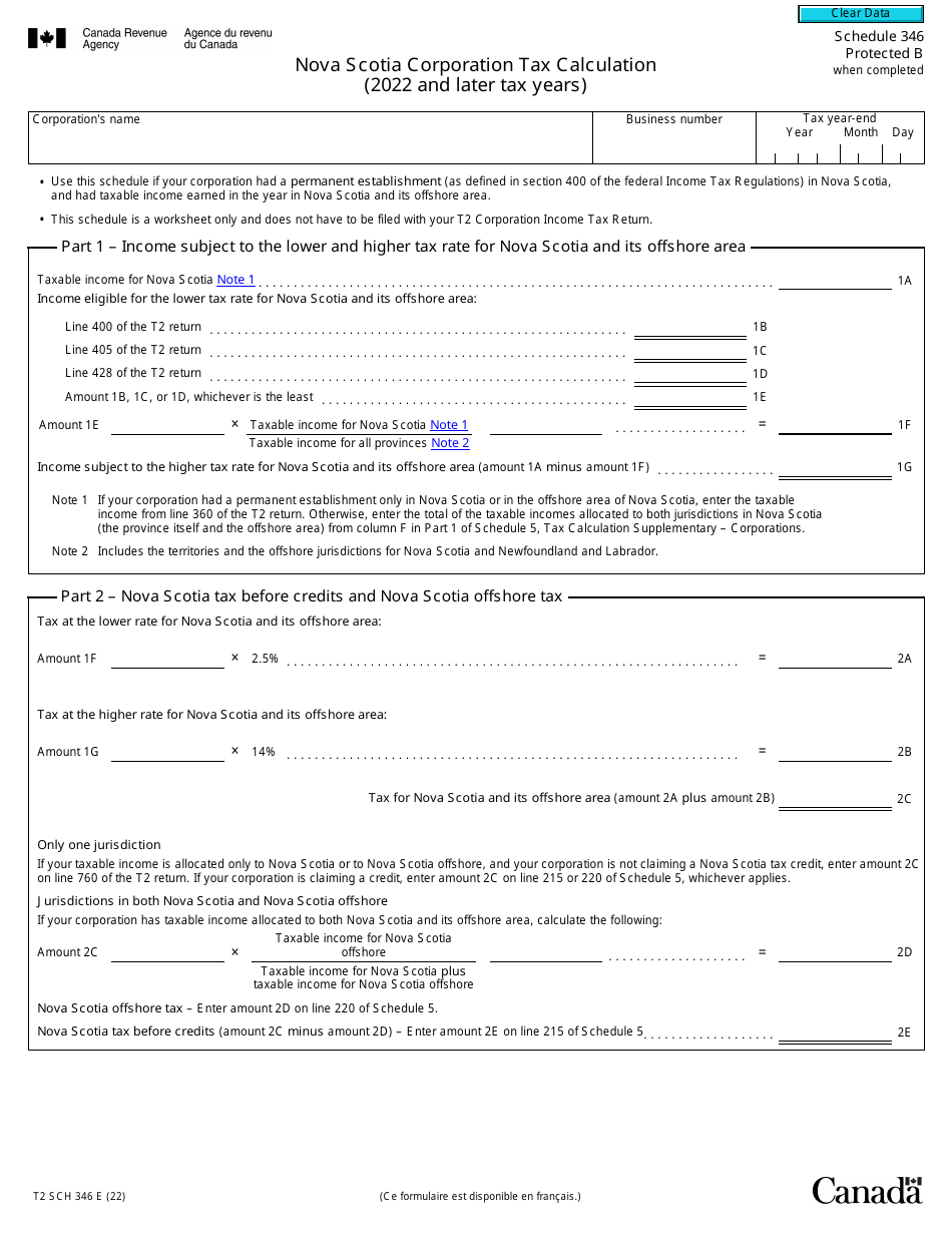 Form T2 Schedule 346 Download Fillable PDF or Fill Online Nova Scotia