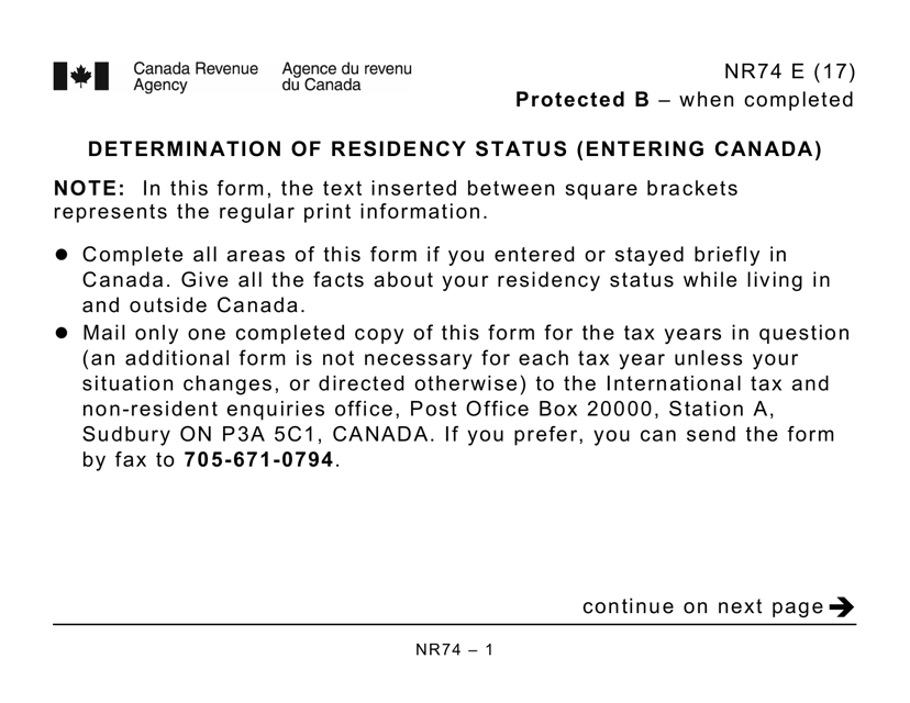 Form NR74 Determination of Residency Status (Entering Canada) - Large Print - Canada