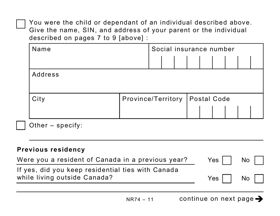 Form NR74 Determination of Residency Status (Entering Canada) - Large Print - Canada, Page 11