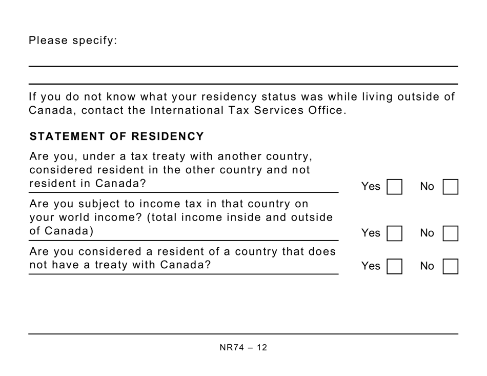 Form NR74 Determination of Residency Status (Entering Canada) - Large Print - Canada, Page 12