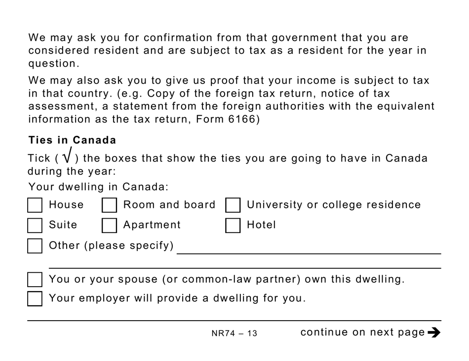 Form NR74 Determination of Residency Status (Entering Canada) - Large Print - Canada, Page 13