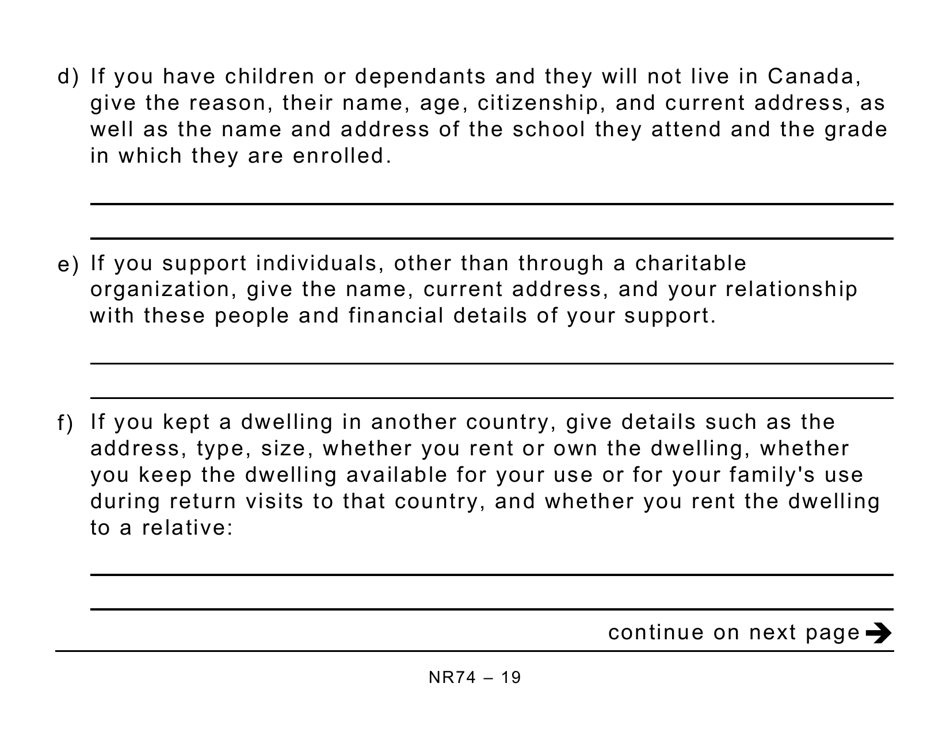 Form NR74 Determination of Residency Status (Entering Canada) - Large Print - Canada, Page 19