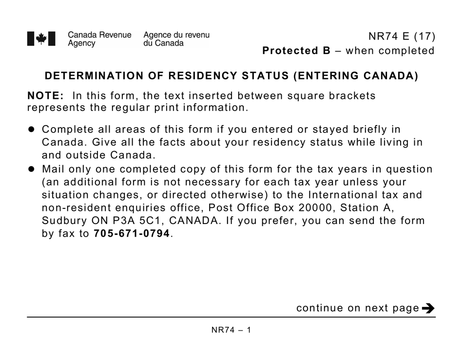 Form NR74 Determination of Residency Status (Entering Canada) - Large Print - Canada, Page 1
