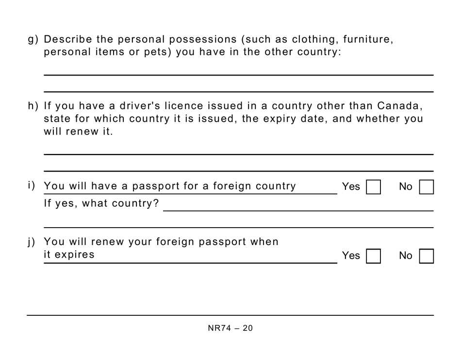 Form NR74 Determination of Residency Status (Entering Canada) - Large Print - Canada, Page 20