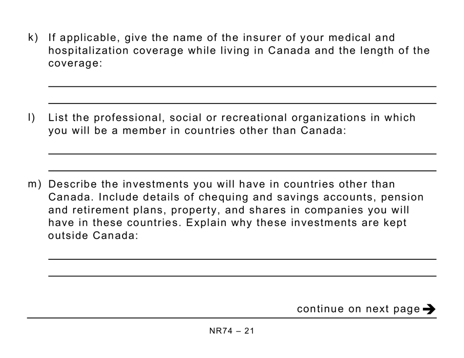 Form NR74 Determination of Residency Status (Entering Canada) - Large Print - Canada, Page 21