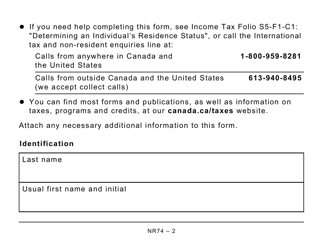 Form NR74 Determination of Residency Status (Entering Canada) - Large Print - Canada, Page 2