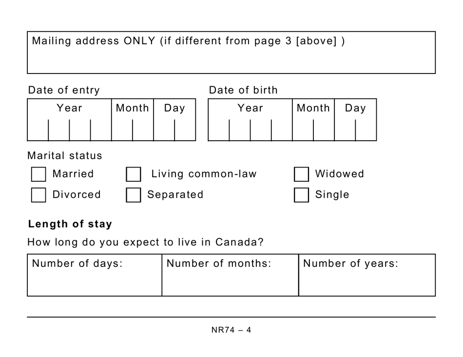 Form NR74 Determination of Residency Status (Entering Canada) - Large Print - Canada, Page 4