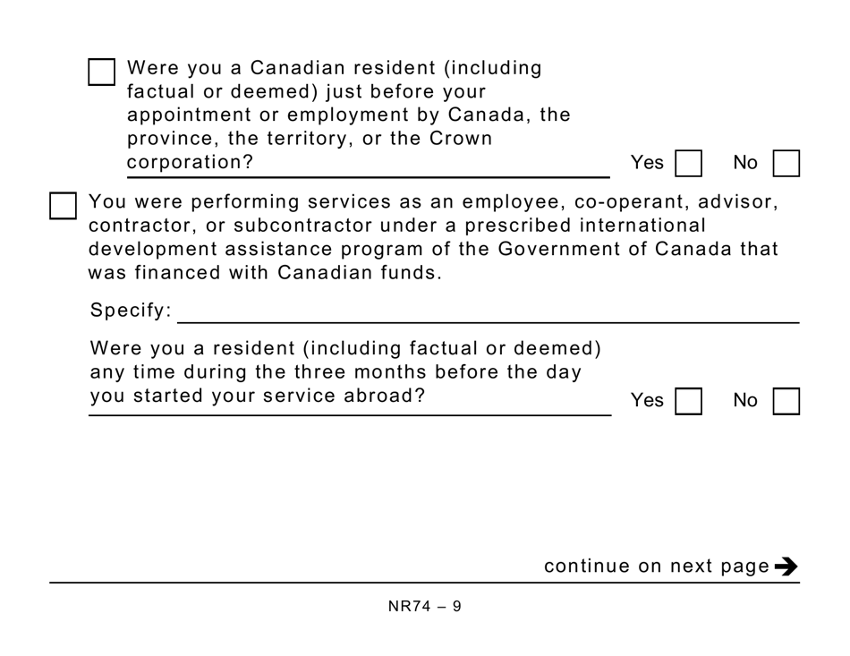 Form NR74 Determination of Residency Status (Entering Canada) - Large Print - Canada, Page 9