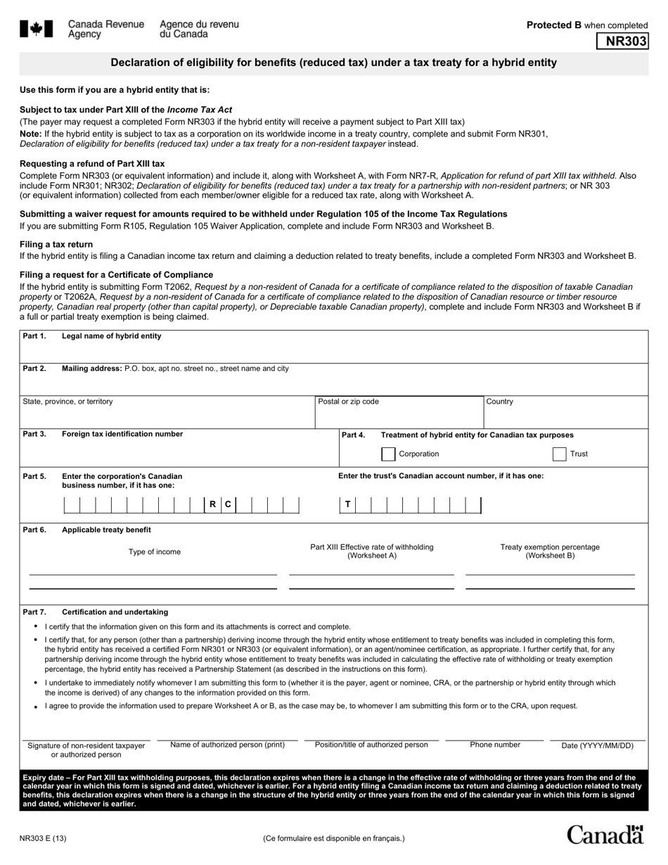 Form NR303 Declaration of Eligibility for Benefits (Reduced Tax) Under a Tax Treaty for a Hybrid Entity - Canada, Page 1