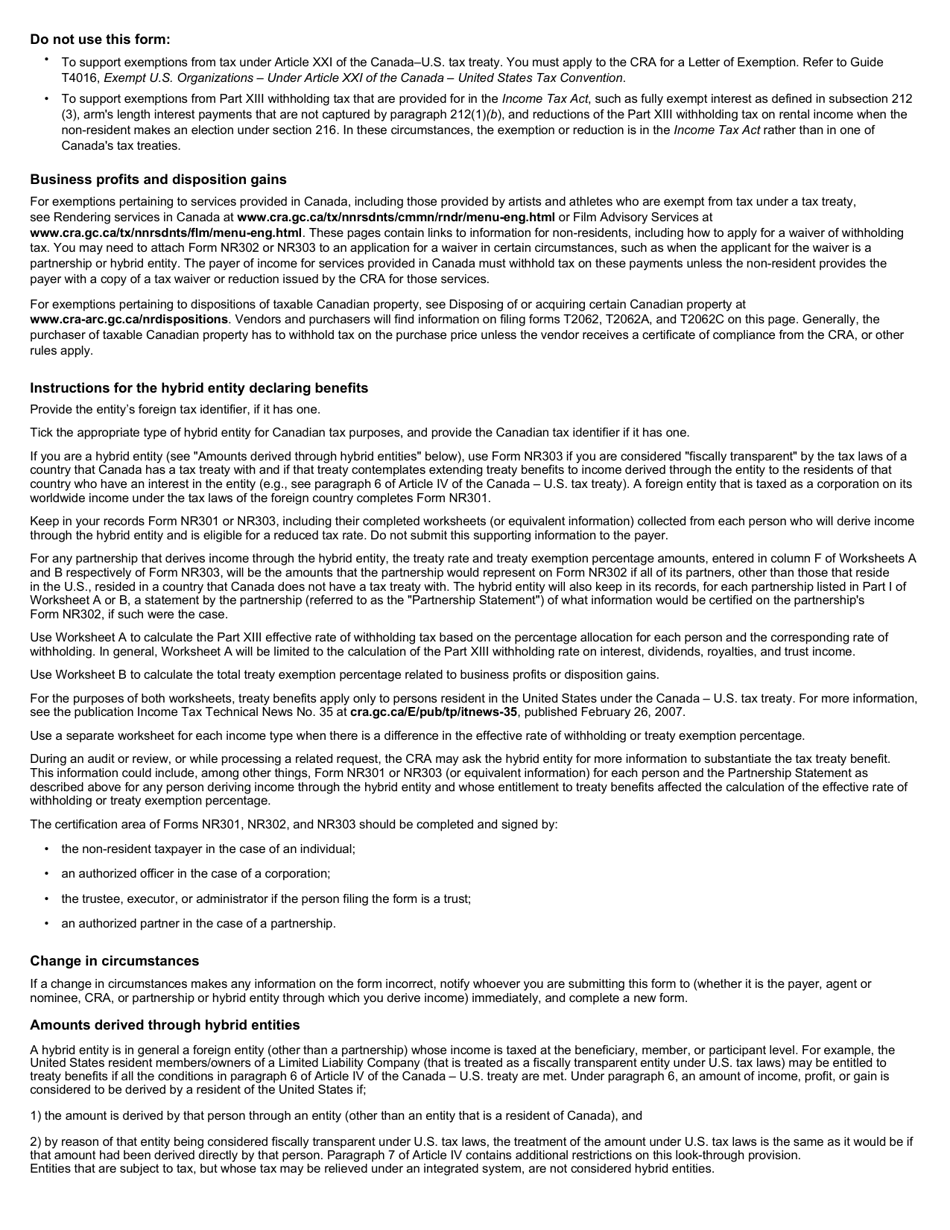 Form NR303 Declaration of Eligibility for Benefits (Reduced Tax) Under a Tax Treaty for a Hybrid Entity - Canada, Page 2