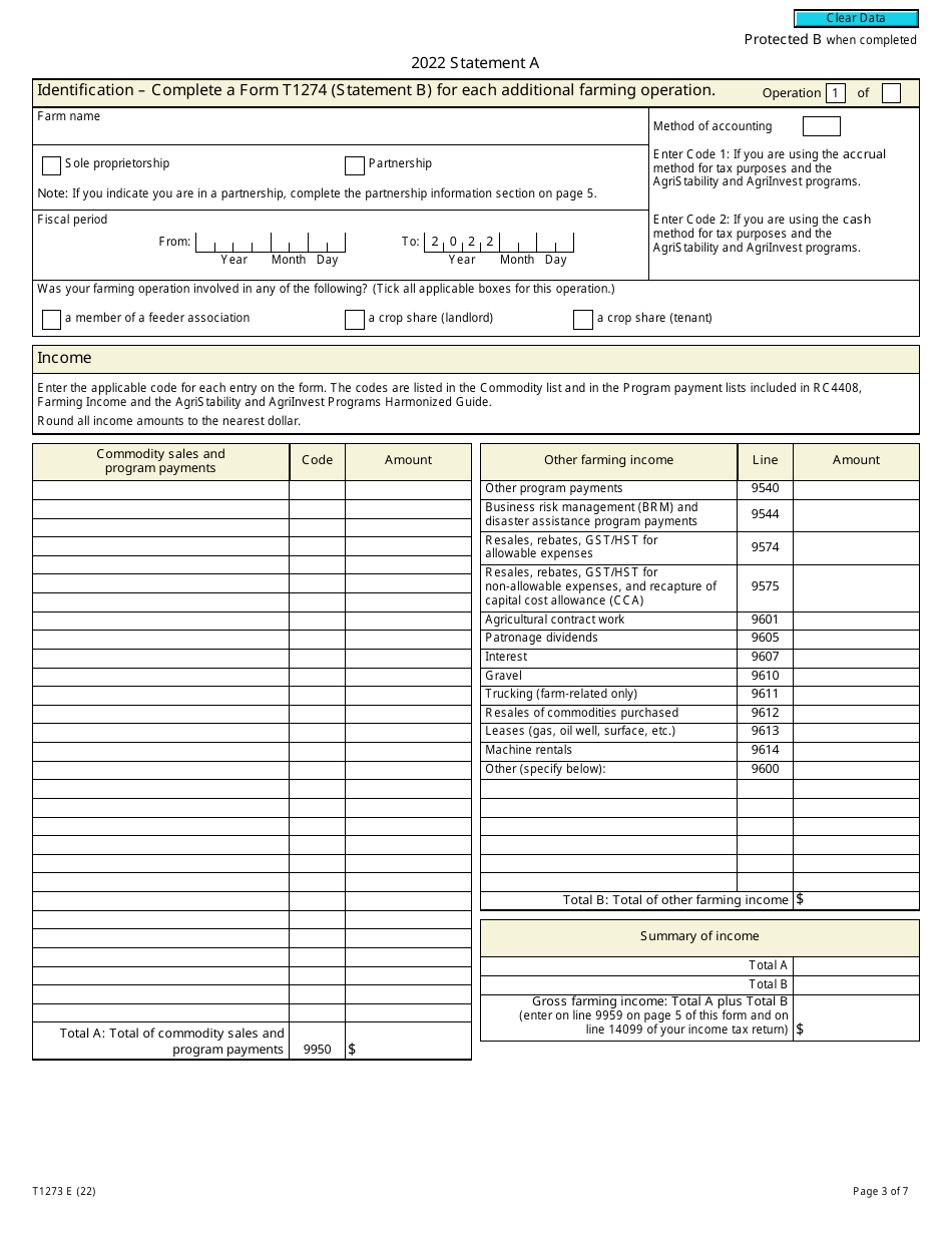 Form T1273 Statement a - Harmonized Agristability and Agriinvest Programs Information and Statement of Farming Activities for Individuals - Canada, Page 3
