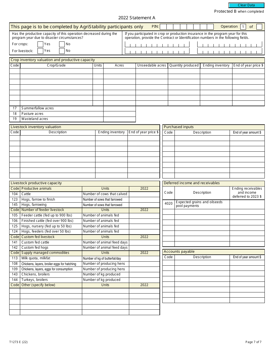 Form T1273 Statement a - Harmonized Agristability and Agriinvest Programs Information and Statement of Farming Activities for Individuals - Canada, Page 7