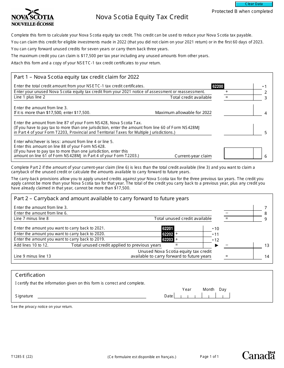 Form T1285 Nova Scotia Equity Tax Credit - Canada, Page 1