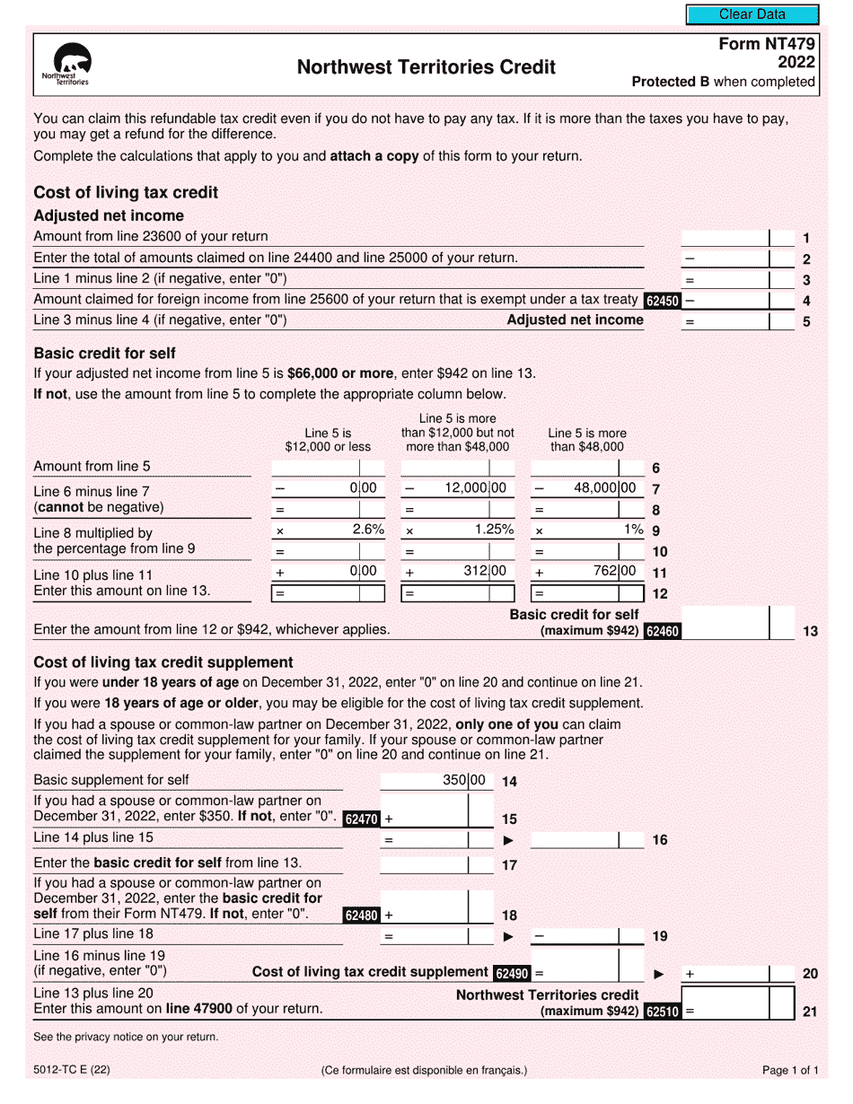 Form NT479 (5012-TC) Northwest Territories Credit - Canada, Page 1