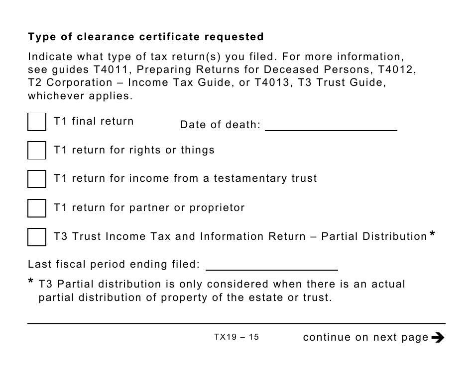 Form TX19 Asking for a Clearance Certificate - Large Print - Canada, Page 15