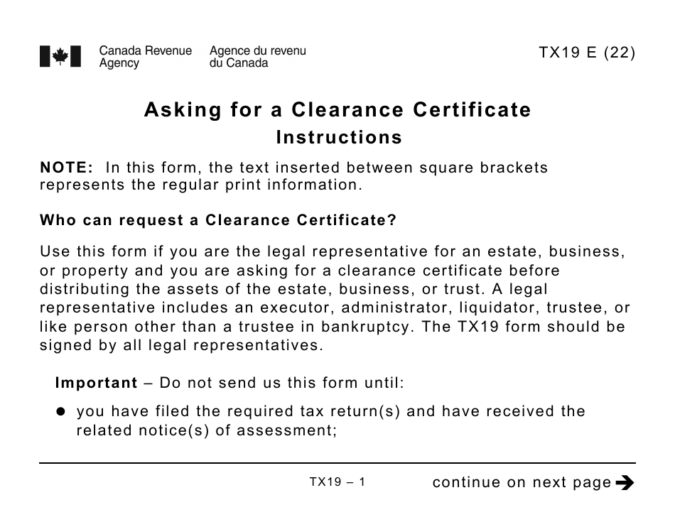 Form TX19 Asking for a Clearance Certificate - Large Print - Canada, Page 1