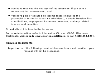 Form TX19 Asking for a Clearance Certificate - Large Print - Canada, Page 2